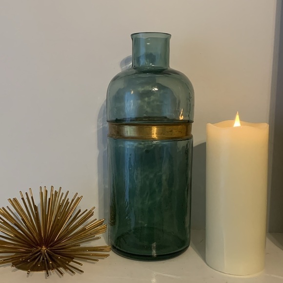 Blue gold metal trim glass vase boho traditional home decor art decor shelf‎ - Picture 2 of 11